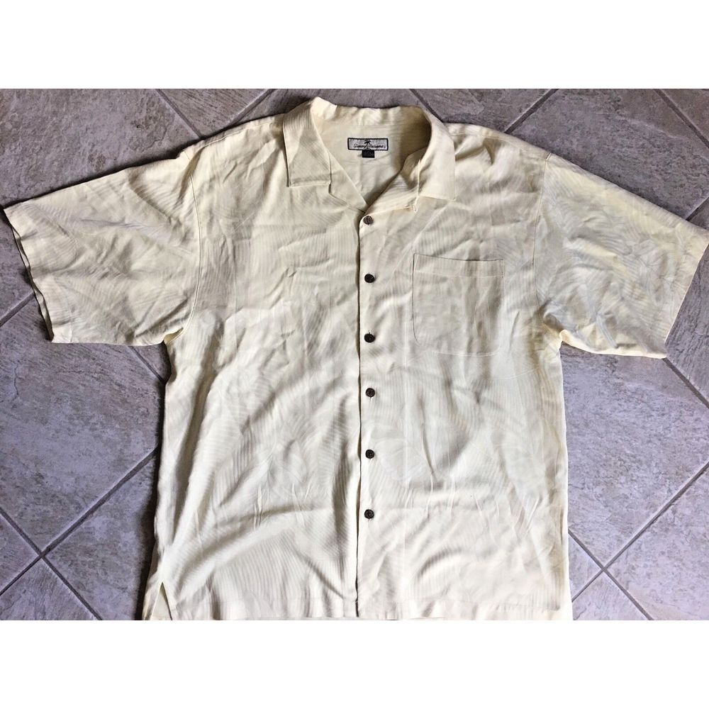 Tommy Bahama‎ Hawaiian Short Sleeve Shirt Yellow 100% Silk Button Up Size XL